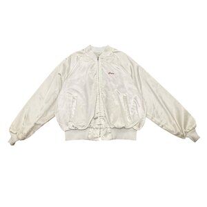 Vintage 1970s White Satin Varsity Jacket “Excellence” USA Large Bomber